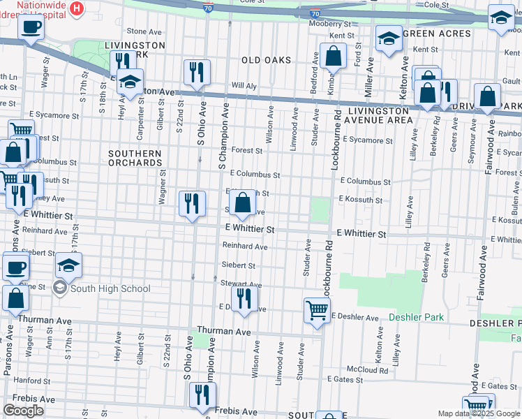 map of restaurants, bars, coffee shops, grocery stores, and more near 1035 Wilson Avenue in Columbus
