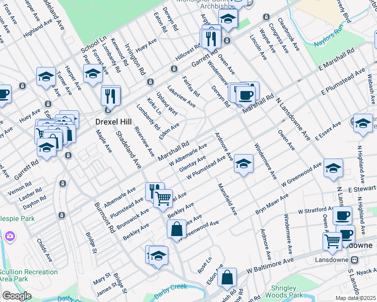 map of restaurants, bars, coffee shops, grocery stores, and more near 181 West Albemarle Avenue in Lansdowne
