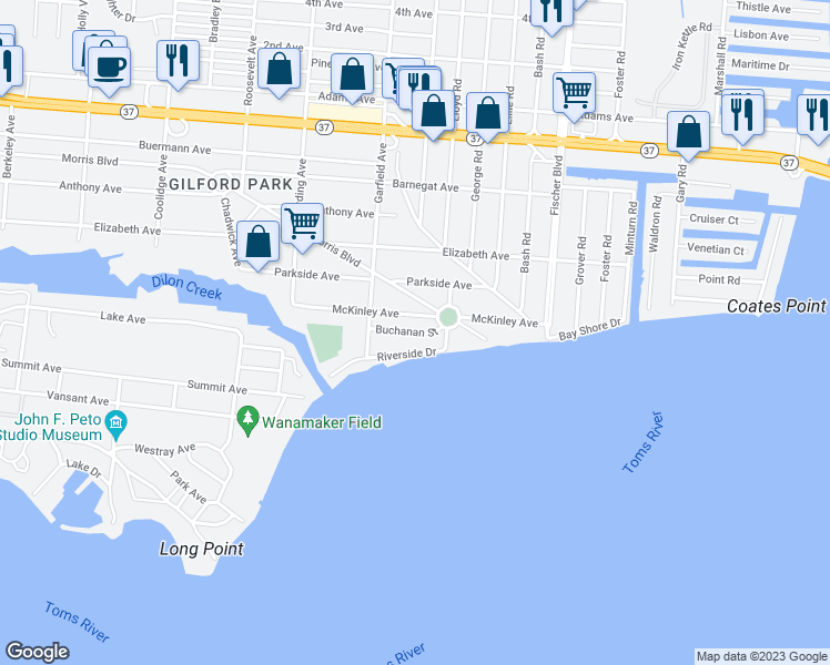 map of restaurants, bars, coffee shops, grocery stores, and more near 725 Buchanan Street in Toms River