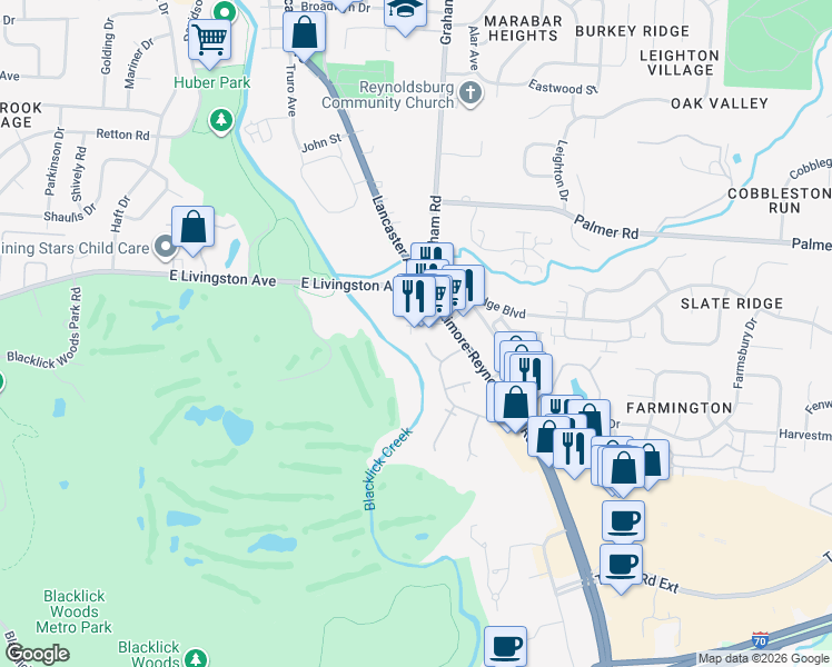 map of restaurants, bars, coffee shops, grocery stores, and more near 1903 Ohio 256 in Reynoldsburg