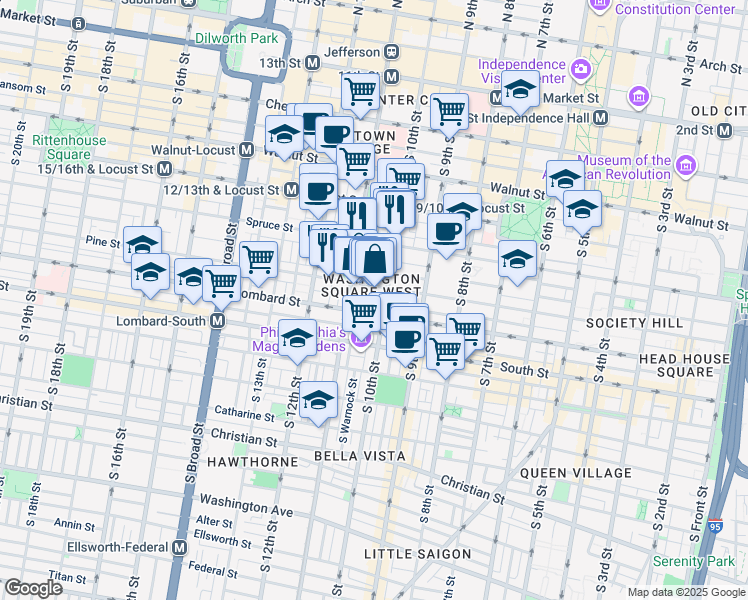 map of restaurants, bars, coffee shops, grocery stores, and more near 1012 Waverly Street in Philadelphia