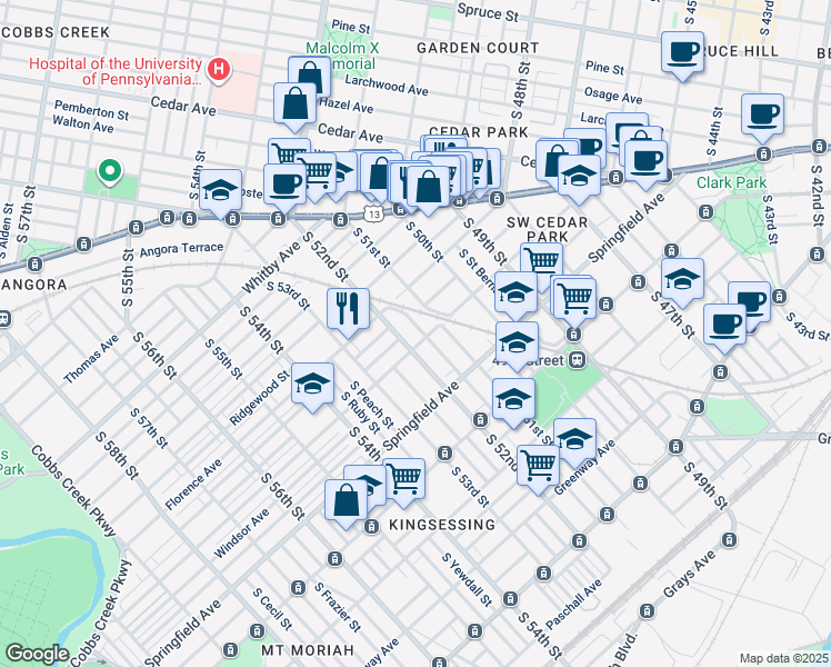 map of restaurants, bars, coffee shops, grocery stores, and more near 950 South Paxon Street in Philadelphia