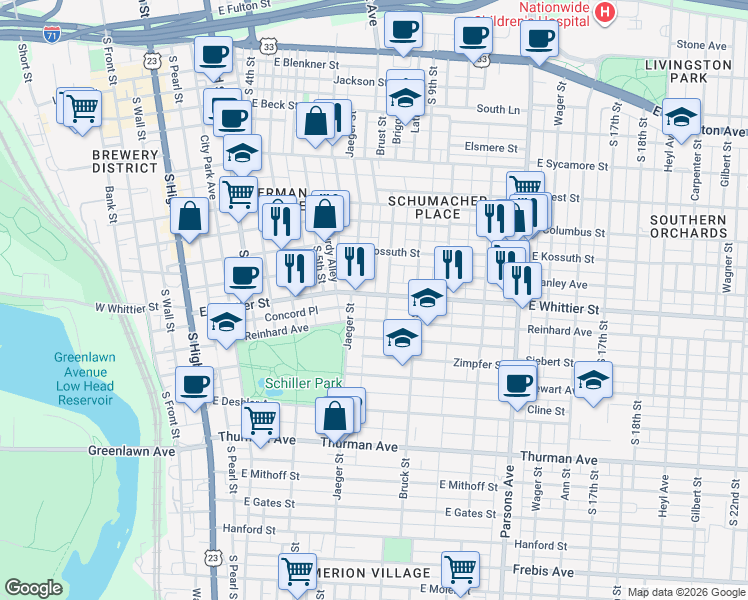 map of restaurants, bars, coffee shops, grocery stores, and more near 885 Ebner Street in Columbus