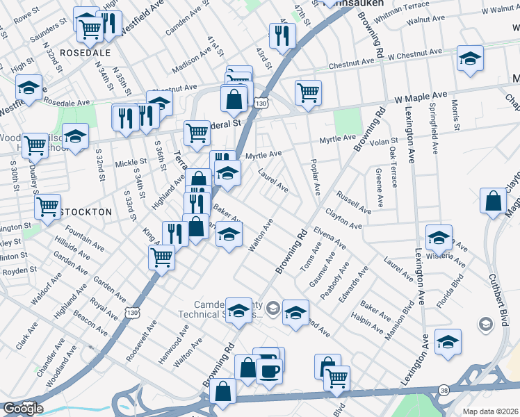 map of restaurants, bars, coffee shops, grocery stores, and more near 5327 Sherwood Terrace in Pennsauken Township