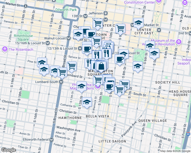 map of restaurants, bars, coffee shops, grocery stores, and more near 1021 Pine Street in Philadelphia