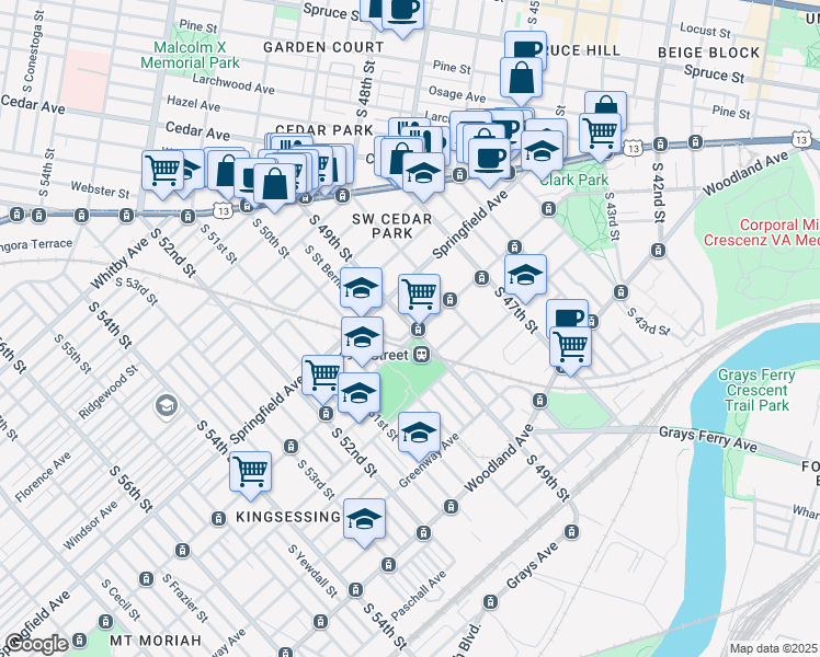 map of restaurants, bars, coffee shops, grocery stores, and more near 1002 South 49th Street in Philadelphia