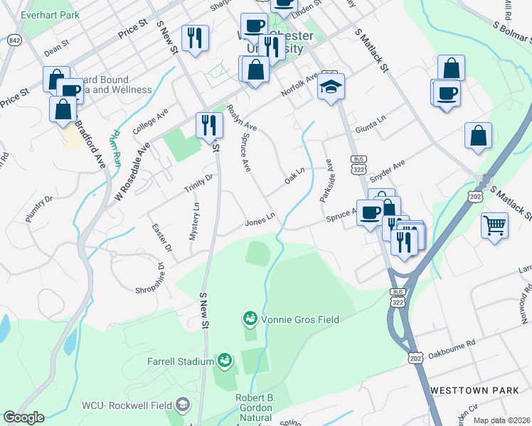 map of restaurants, bars, coffee shops, grocery stores, and more near 830 Spruce Avenue in West Chester