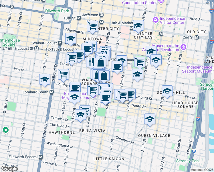 map of restaurants, bars, coffee shops, grocery stores, and more near 910 Pine Street in Philadelphia