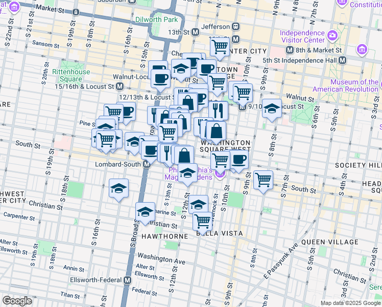 map of restaurants, bars, coffee shops, grocery stores, and more near 1207 Lombard Street in Philadelphia