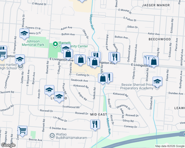 map of restaurants, bars, coffee shops, grocery stores, and more near 3632 Cushing Drive in Columbus