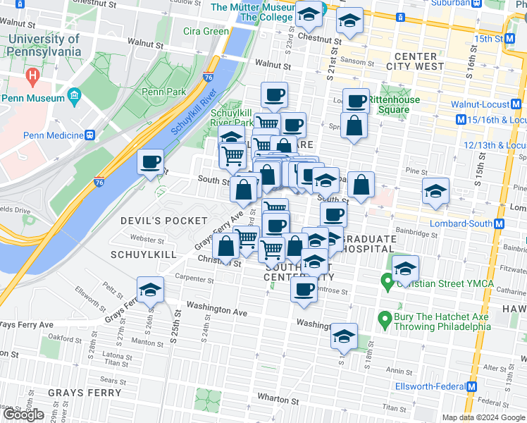 map of restaurants, bars, coffee shops, grocery stores, and more near 2230 Bainbridge Street in Philadelphia