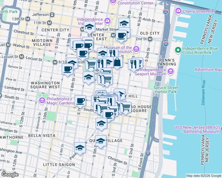 map of restaurants, bars, coffee shops, grocery stores, and more near Lawrence Court in Philadelphia