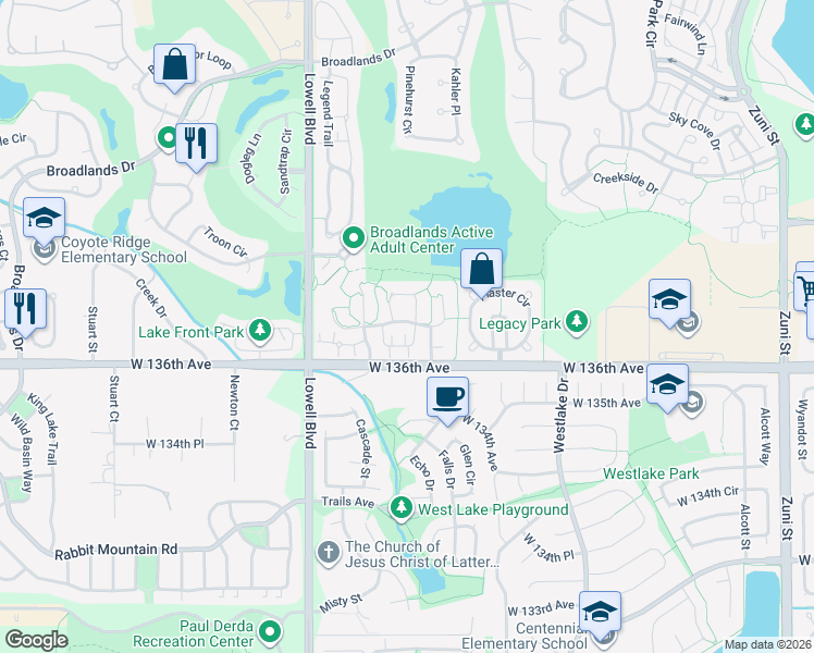 map of restaurants, bars, coffee shops, grocery stores, and more near 13704 Stone Circle in Broomfield