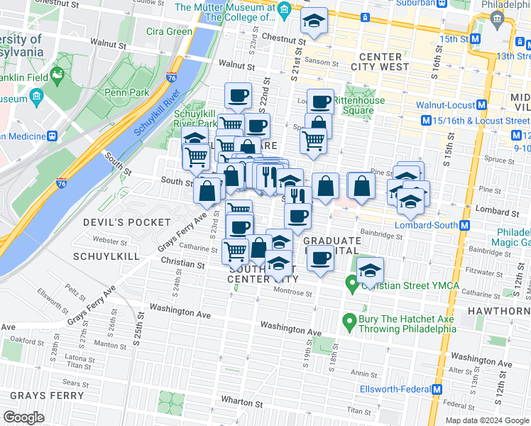 map of restaurants, bars, coffee shops, grocery stores, and more near 2107 Bainbridge Street in Philadelphia