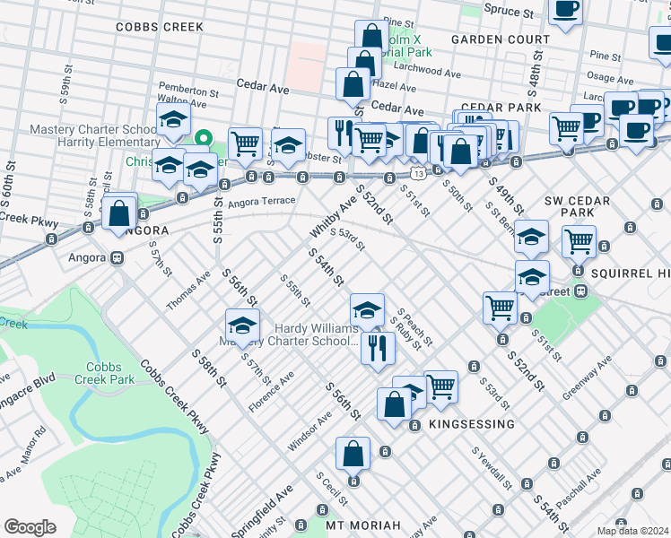 map of restaurants, bars, coffee shops, grocery stores, and more near 1053 South 54th Street in Philadelphia
