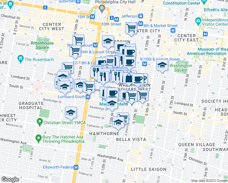 map of restaurants, bars, coffee shops, grocery stores, and more near 1207 Lombard Street in Philadelphia