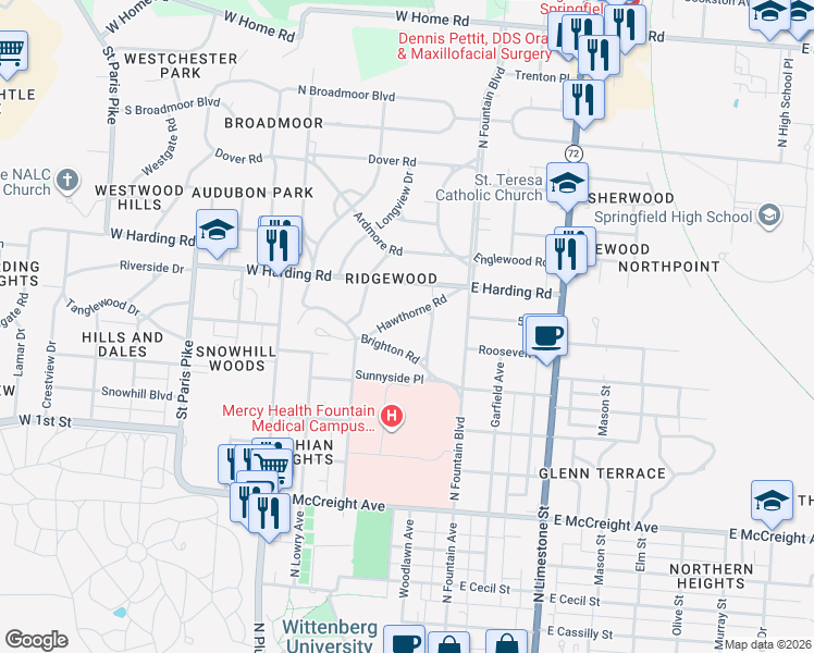 map of restaurants, bars, coffee shops, grocery stores, and more near 124 Hawthorne Road in Springfield