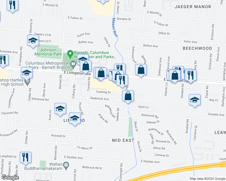 map of restaurants, bars, coffee shops, grocery stores, and more near 3622 Cushing Drive in Columbus