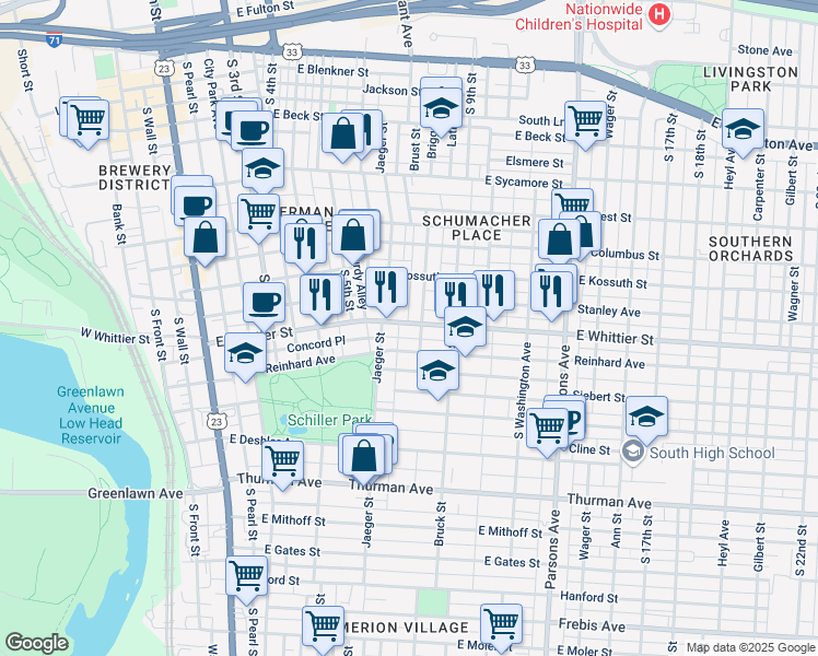 map of restaurants, bars, coffee shops, grocery stores, and more near 885 Ebner Street in Columbus