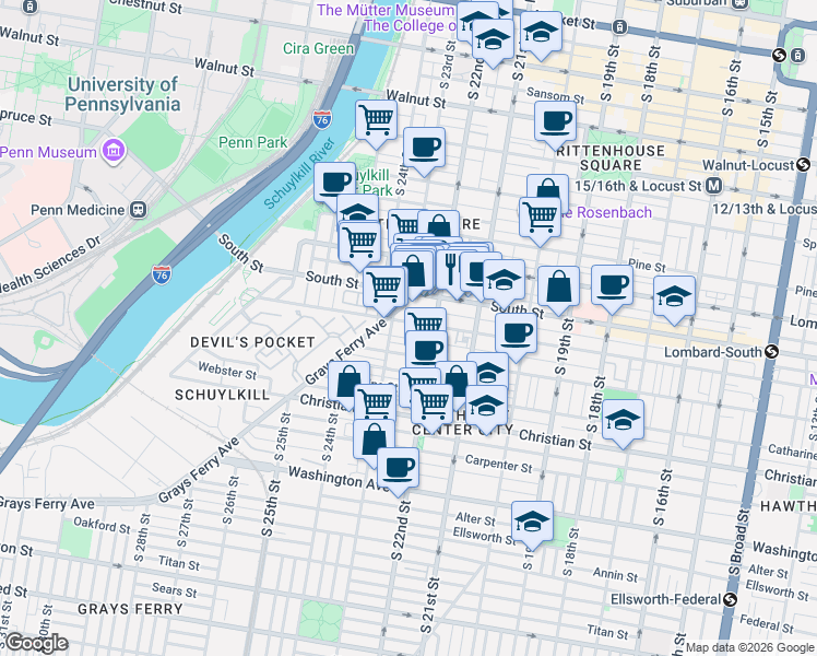 map of restaurants, bars, coffee shops, grocery stores, and more near 2230 Bainbridge Street in Philadelphia