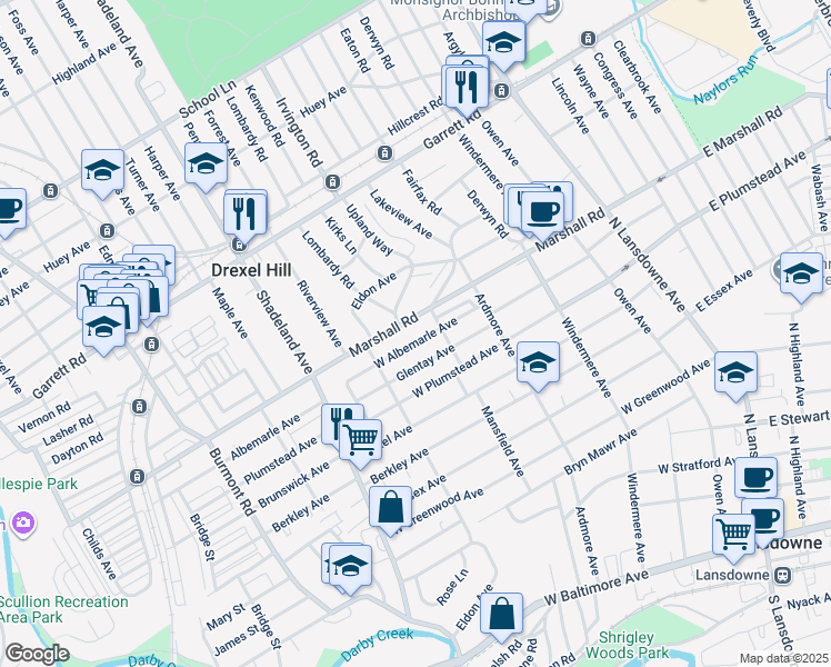 map of restaurants, bars, coffee shops, grocery stores, and more near 181 West Albemarle Avenue in Lansdowne