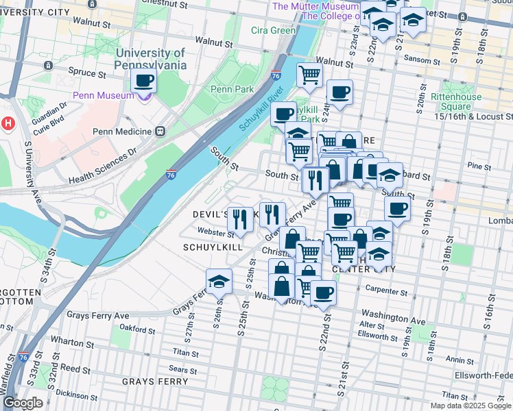 map of restaurants, bars, coffee shops, grocery stores, and more near 2639 Bainbridge Street in Philadelphia
