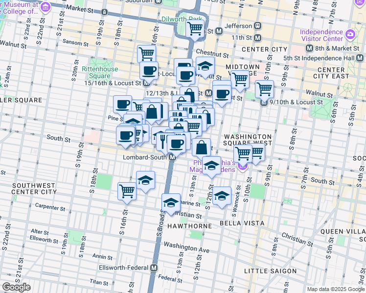 map of restaurants, bars, coffee shops, grocery stores, and more near 1338 Lombard Street in Philadelphia
