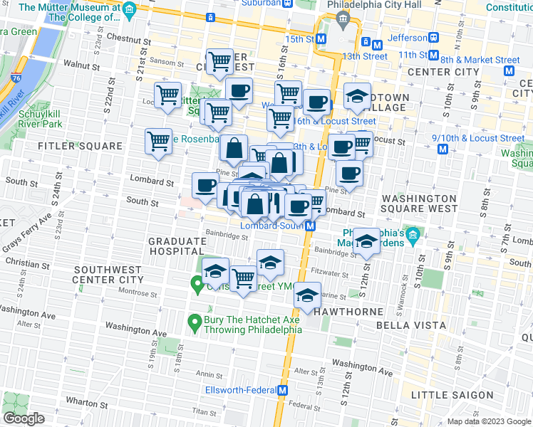 map of restaurants, bars, coffee shops, grocery stores, and more near 1529 Rodman Street in Philadelphia