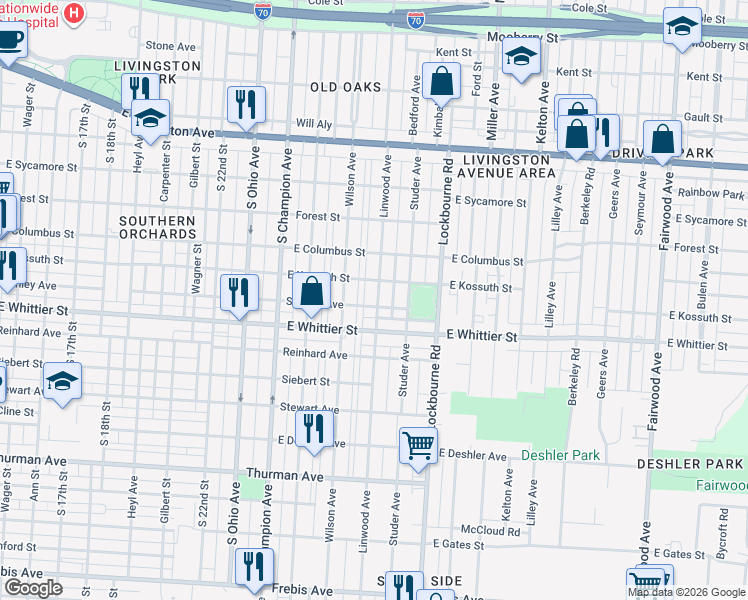 map of restaurants, bars, coffee shops, grocery stores, and more near 1043 Linwood Avenue in Columbus