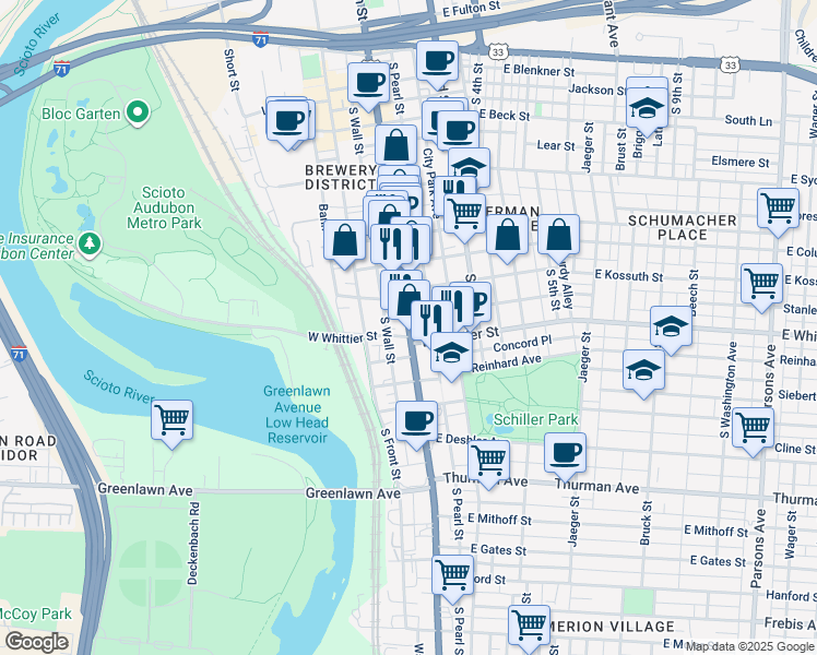 map of restaurants, bars, coffee shops, grocery stores, and more near 835 South Pearl Street in Columbus