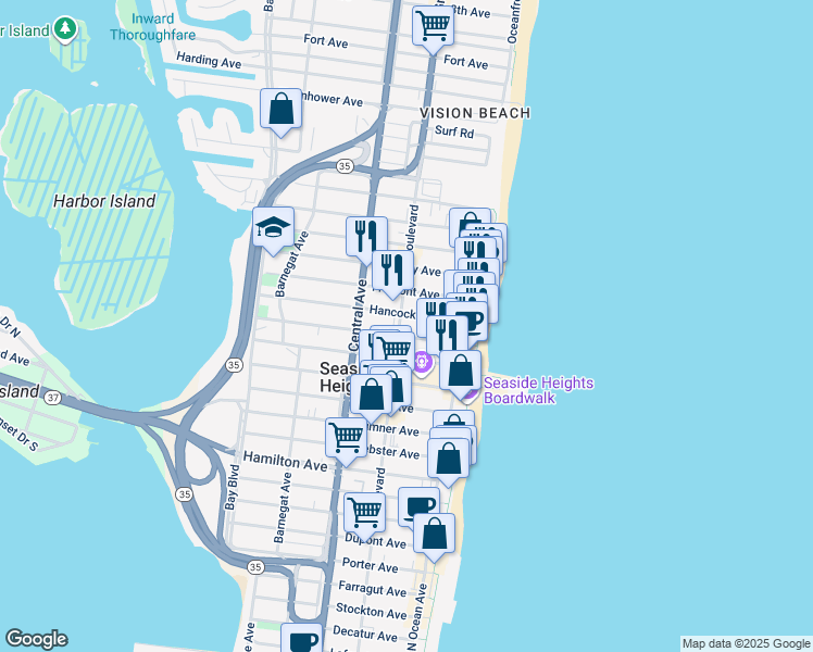 map of restaurants, bars, coffee shops, grocery stores, and more near 3rd Avenue in Toms River