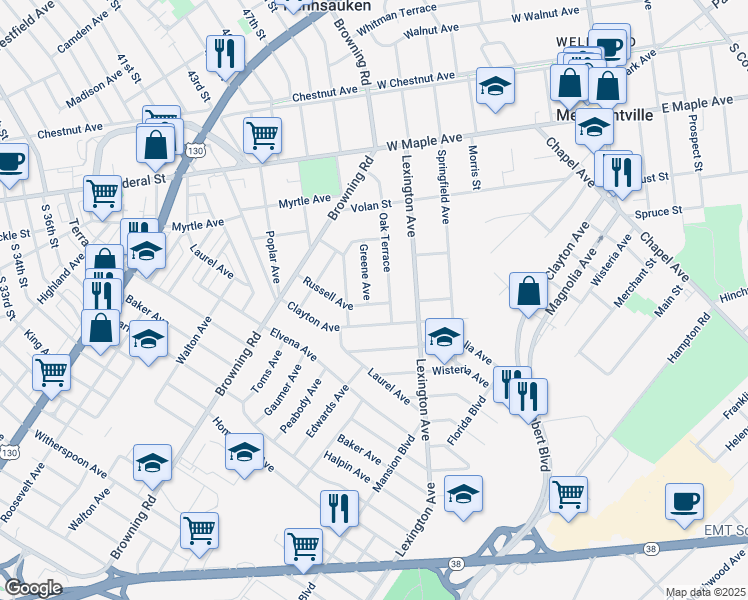 map of restaurants, bars, coffee shops, grocery stores, and more near 4758 Greene Avenue in Pennsauken Township