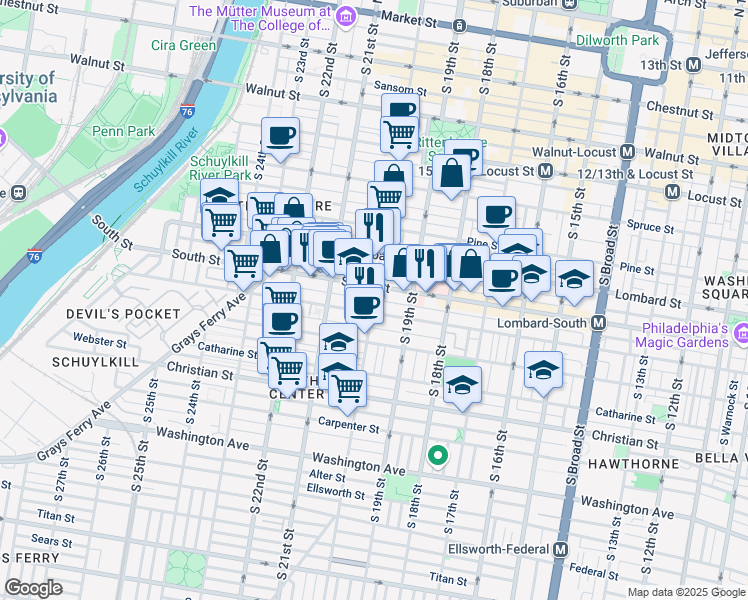 map of restaurants, bars, coffee shops, grocery stores, and more near South 20th Street & Kater Street in Philadelphia