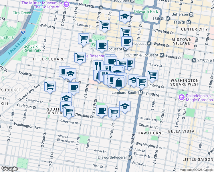 map of restaurants, bars, coffee shops, grocery stores, and more near 1720 Lombard Street in Philadelphia