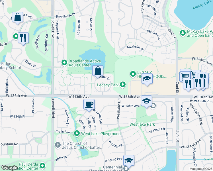 map of restaurants, bars, coffee shops, grocery stores, and more near 13653 Parkview Place in Broomfield