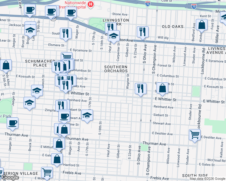 map of restaurants, bars, coffee shops, grocery stores, and more near in Columbus