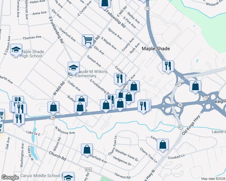 map of restaurants, bars, coffee shops, grocery stores, and more near 645 South Forklanding Road in Maple Shade
