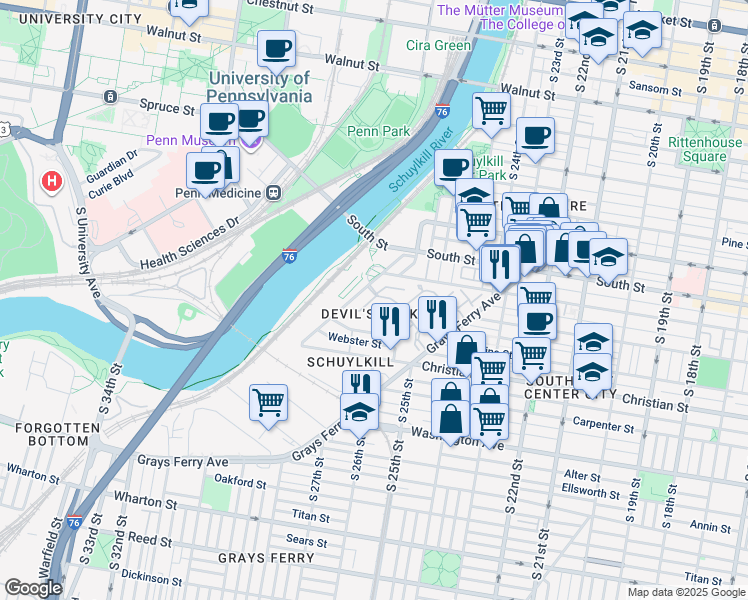 map of restaurants, bars, coffee shops, grocery stores, and more near 401 Schuylkill Avenue in Philadelphia