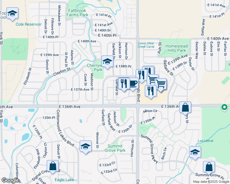 map of restaurants, bars, coffee shops, grocery stores, and more near 13626 Garfield Street in Thornton