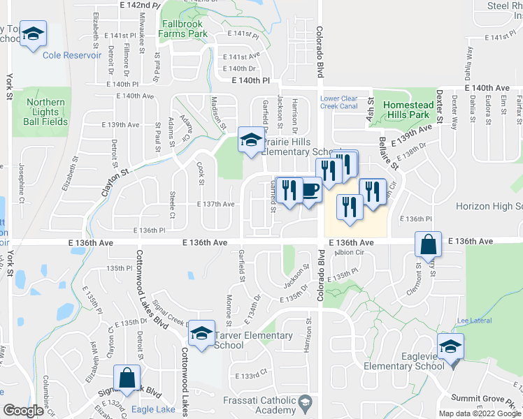 map of restaurants, bars, coffee shops, grocery stores, and more near 13640 Garfield Street in Thornton