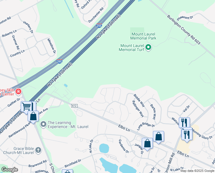 map of restaurants, bars, coffee shops, grocery stores, and more near 1203 Stokes Road in Mount Laurel