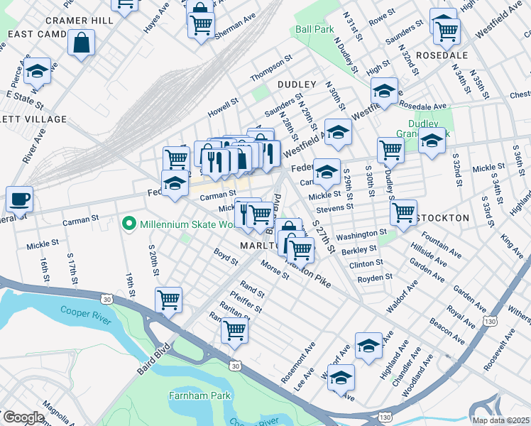 map of restaurants, bars, coffee shops, grocery stores, and more near 72 South 26th Street in Camden
