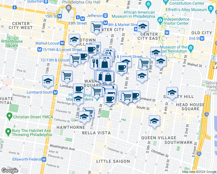 map of restaurants, bars, coffee shops, grocery stores, and more near 922 Clinton Street in Philadelphia