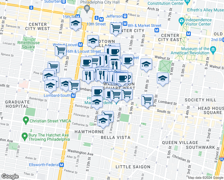 map of restaurants, bars, coffee shops, grocery stores, and more near in Philadelphia