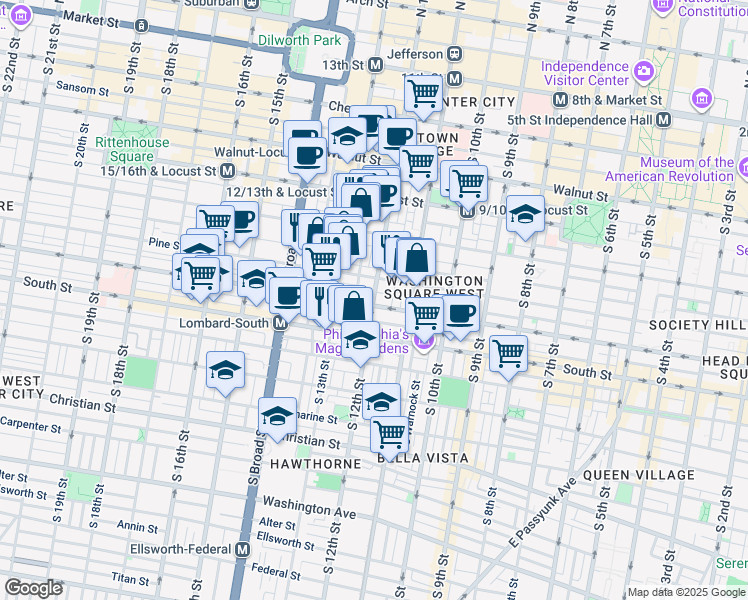 map of restaurants, bars, coffee shops, grocery stores, and more near 1214 Pine Street in Philadelphia