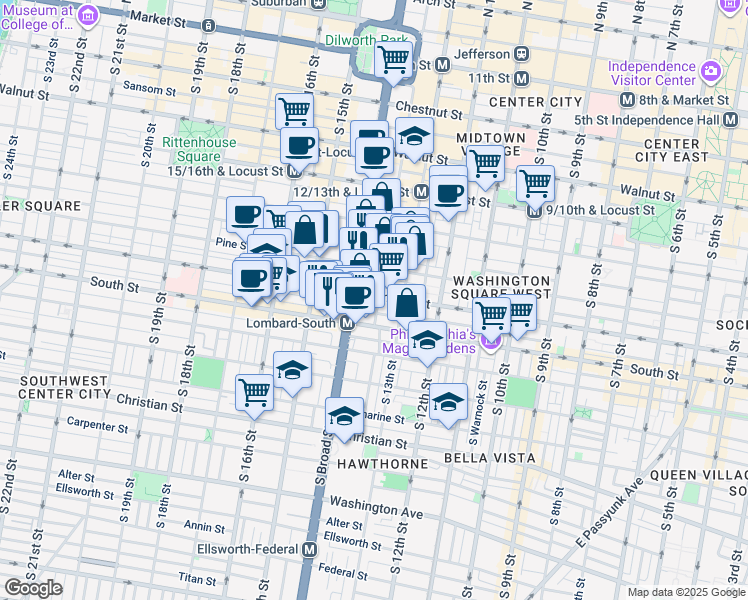 map of restaurants, bars, coffee shops, grocery stores, and more near in Philadelphia