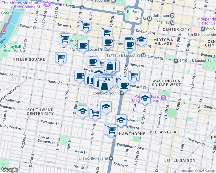 map of restaurants, bars, coffee shops, grocery stores, and more near 1523 Lombard Street in Philadelphia