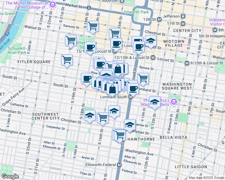 map of restaurants, bars, coffee shops, grocery stores, and more near 1529 Rodman Street in Philadelphia