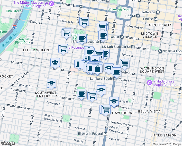 map of restaurants, bars, coffee shops, grocery stores, and more near in Philadelphia