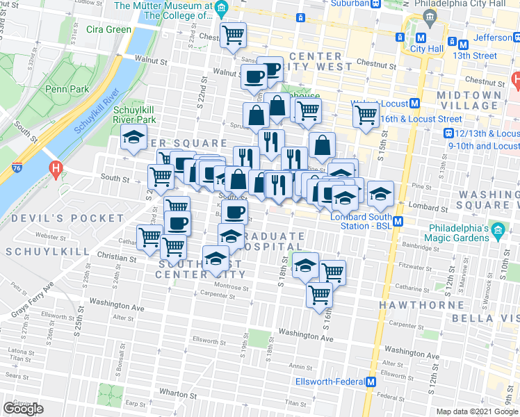 map of restaurants, bars, coffee shops, grocery stores, and more near in Philadelphia